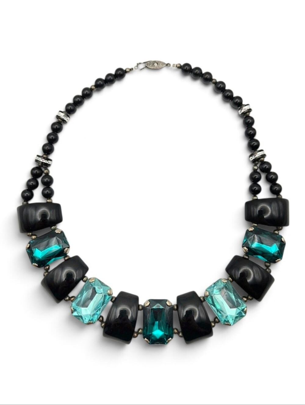 Vintage 1960s Art Deco Style Chunky Lucite Statement Necklace Aqua Blue Black
